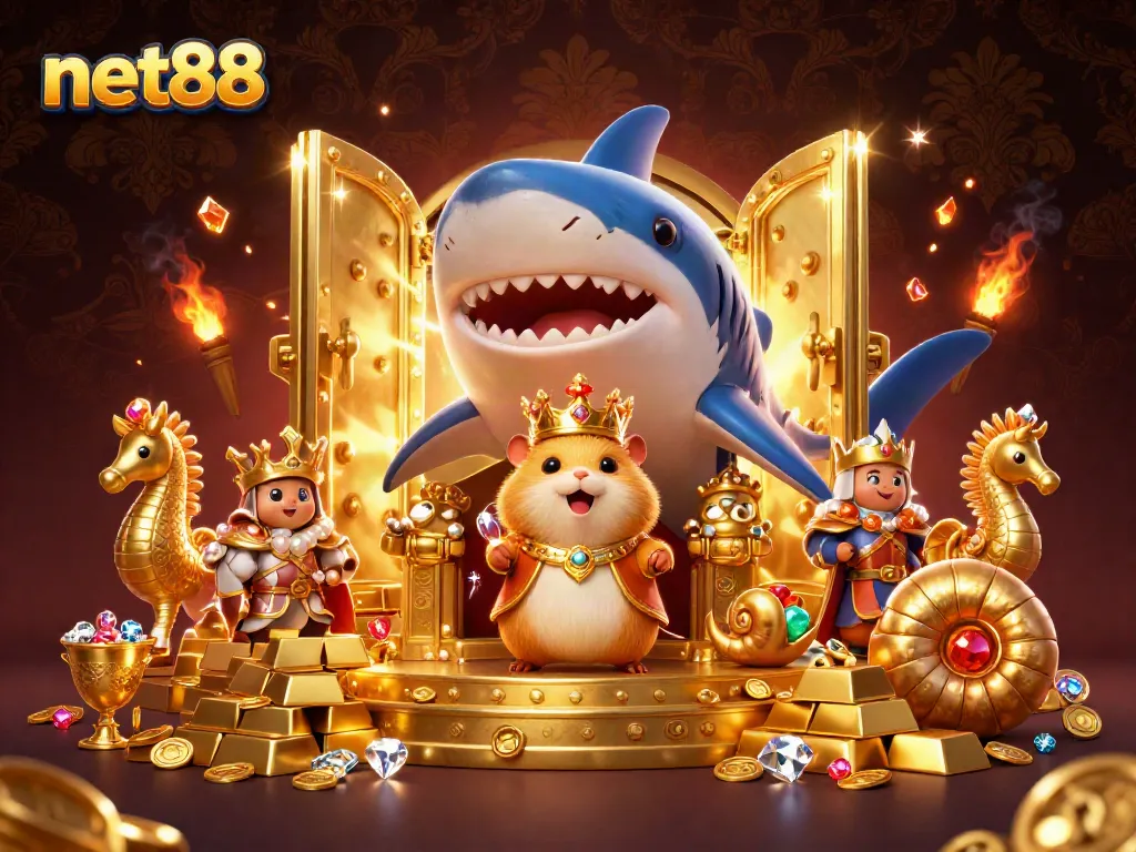 Experience the excitement of gambling with net88, featuring a golden hamster king and treasure elements in a vibrant casino setting.