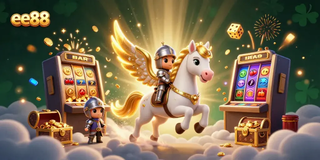 Experience excitement with ee88's vibrant jackpot scene featuring dynamic game elements and a celestial knight.