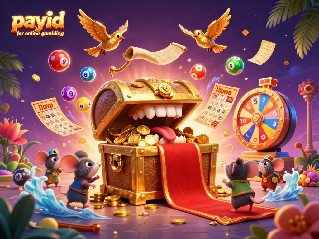 Experience payid for online gambling with a vibrant 3D scene showcasing fun gaming elements and a treasure chest mimic enticing adventurous players.