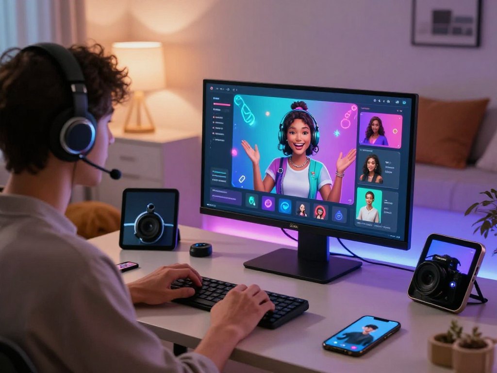 Person using sex ai chat with vibrant AI characters in a cozy modern workspace