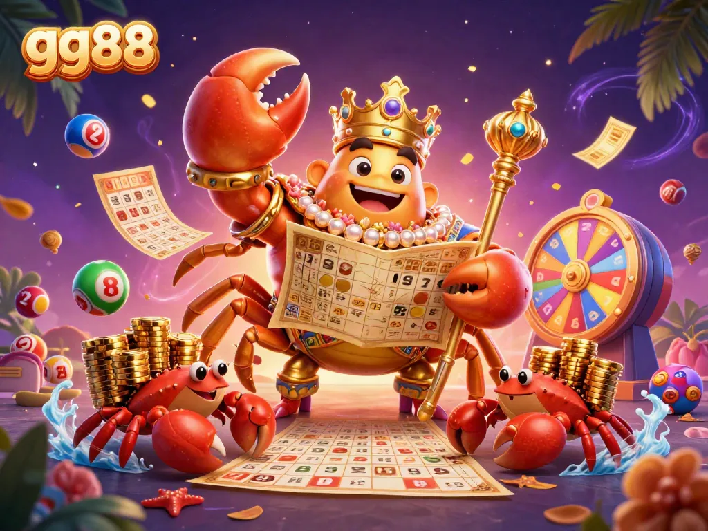 Experience the excitement of gg88 with a vibrant lottery-themed 3D scene showcasing a golden crab emperor and his treasure map.