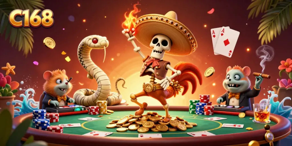 C168 celebrates with a colorful mariachi skeleton and a DJ hamster at a vibrant poker scene, showcasing excitement and good luck.