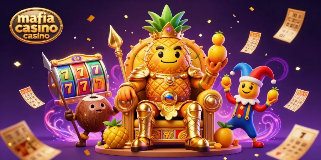 Mafia casino casino showcases an enchanting scene with a golden pineapple king and vibrant slot games.