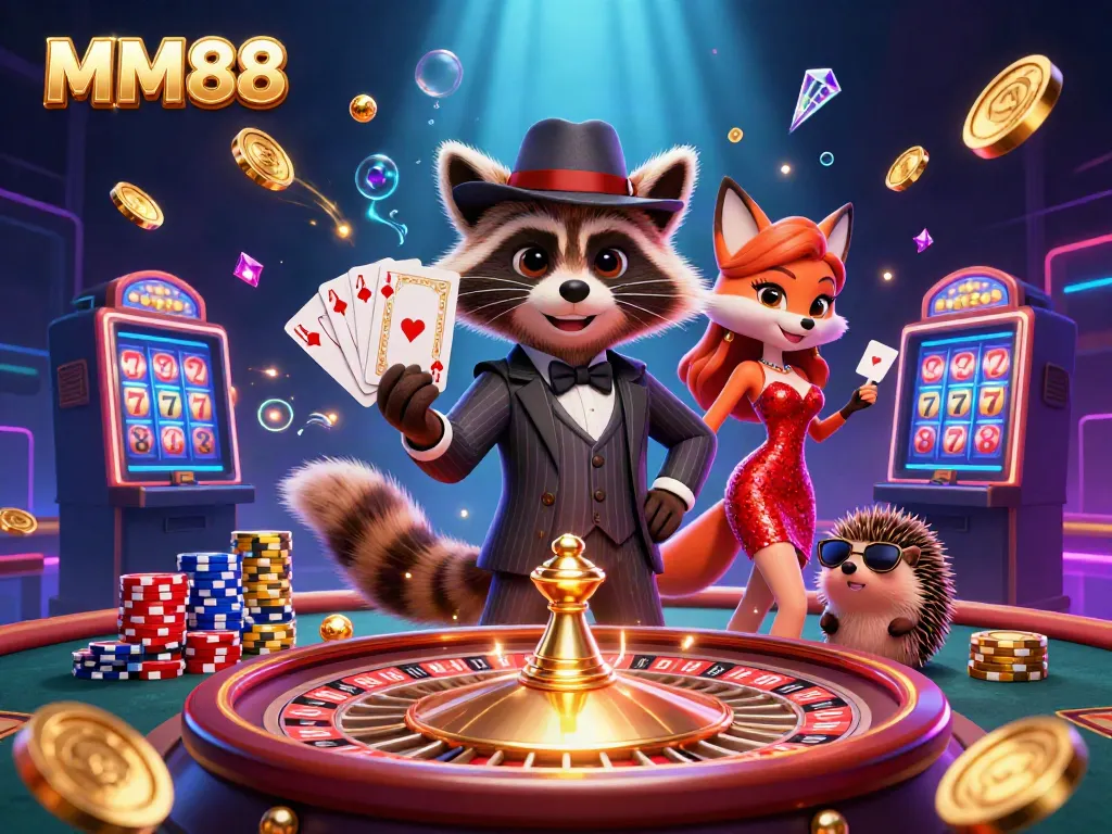 Experience the thrill of MM88 with a suave raccoon and vibrant characters showcasing a victory in casino gaming.